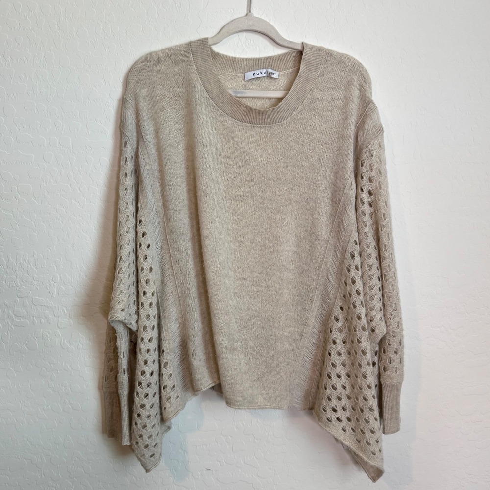 Kokun 100% Cashmere Oversized Sweater Oatmeal Beige Pointelle Knit XS/S Minimal
